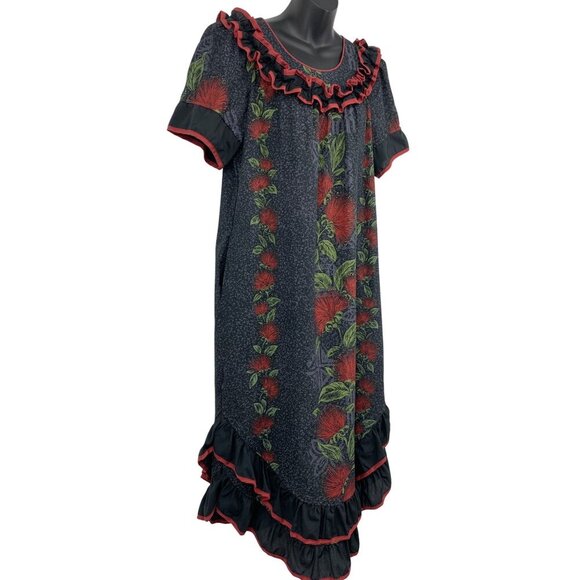 Good Times Aloha Hawaiian Floral Ruffle Medium M Muumuu Black Red Ohia Flower - Picture 6 of 10